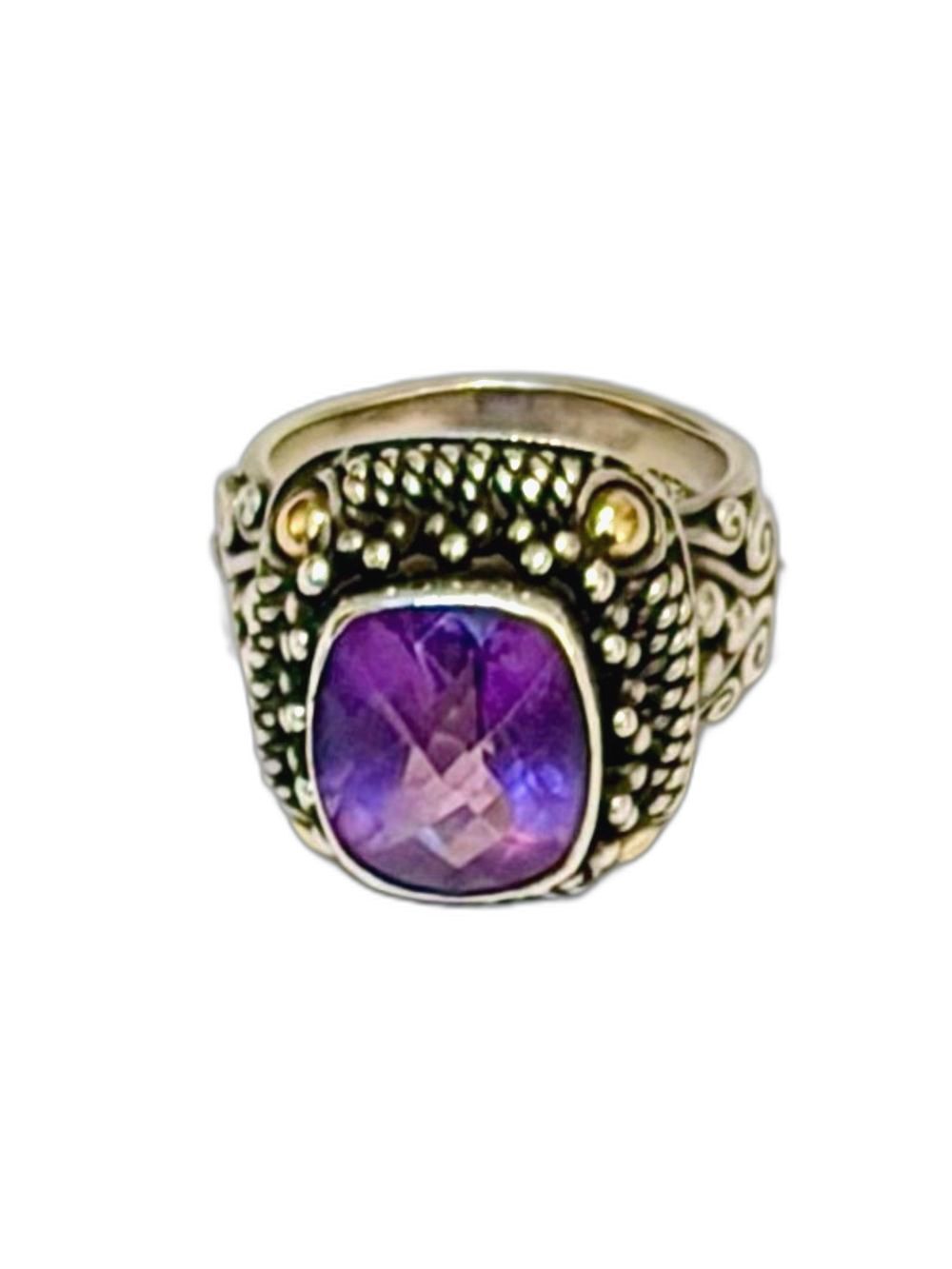 Vintage Suarti Bali 925 Sterling Silver 18K Gold Cushion Cut Amethyst Ring Sz. 6
